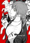  1girl animal bangs braid chainsaw_man dog greyscale jacket kanapy long_hair looking_at_viewer makima_(chainsaw_man) monochrome necktie open_clothes open_jacket orange_eyes parted_lips red_background ringed_eyes shirt signature simple_background single_braid sketch spot_color symbol-only_commentary tongue upper_body 
