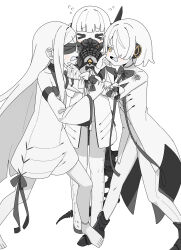  >_< 3girls absurdres ame_miya_ta barefoot black_shoes blindfold blue_archive blunt_bangs blush cheek_pinching cheek_pull commentary_request dress ein_(blue_archive) flying_sweatdrops full_body gas_mask hair_over_one_eye headgear headphones highres long_hair long_sleeves looking_at_another mask mechanical_tail medium_hair multiple_girls ohr_(blue_archive) open_mouth peanut_mouth pinching shoes simple_background sof_(blue_archive) spot_color standing symbol-shaped_pupils tail very_long_hair white_background white_dress white_hair x-shaped_pupils yellow_eyes 
