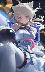  1girl absurdres animal_ears arknights arknights:_endfield bare_shoulders bird_ears bird_girl black_pantyhose blue_eyes boots commentary_request dress grey_hair helmet highres jinsei_tsuraiman long_hair looking_at_viewer official_alternate_costume pantyhose perlica_(arknights) smile solo space space_helmet spacesuit thigh_boots white_boots white_dress 