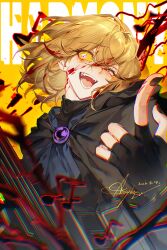  1boy :d absurdres ascot asyker beamed_eighth_notes black_cape black_gloves black_shirt blonde_hair blood blood_in_hair blood_on_face blood_on_neck blue_ascot bright_pupils cape chinese_commentary colored_sclera commentary_request dated e.g.o_(project_moon) eighth_note electric_guitar electricity english_text fingernails floating_hair gem gloves guitar hair_between_eyes half-closed_eye harmony_(e.g.o) head_tilt highres holding holding_guitar holding_instrument index_finger_raised instrument limbus_company male_focus musical_note musical_note_in_eye open_mouth playing_instrument project_moon purple_gem shirt short_hair signature sinclair_(project_moon) smile solo teeth tongue turtleneck upper_body white_pupils yellow_background yellow_eyes yellow_sclera 
