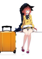  1girl ahoge belt black_shirt blue_eyes blush collared_shirt commentary_request contrast_collar crossed_bangs full_body highres jacket large_hat long_hair looking_at_viewer open_mouth plaid_clothes plaid_shirt red_hair red_shoes reflection shirt shoes sidelocks simple_background sitting snack_nili solo suitcase tor_(snack_nili) totomono virtual_youtuber white_background yellow_jacket 