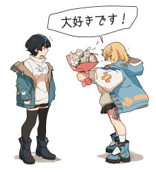  1boy 1girl black_hair black_thighhighs blonde_hair blue_boots blue_jacket blue_streaks blush boots bouquet breasts bridget_(guilty_gear) closed_eyes commentary cuffs flower flustered guilty_gear guilty_gear_strive handcuffs hetero highres holding holding_bouquet hood hood_down hooded_jacket jacket long_sleeves medium_hair multicolored_hair notice_lines open_clothes open_jacket open_mouth red_eyes short_hair shorts simple_background skirt speech_bubble streaked_hair thigh-highs tomboy translation_request trap turtleneck unika_(guilty_gear) white_background white_flower yano_(edbr1022) 