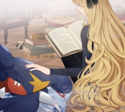  1girl black_pants black_shirt blonde_hair book claws closed_mouth cynthia_(pokemon) garchomp hair_ornament headpat holding holding_book long_hair long_sleeves luxury_ball pants pile_of_books poke_ball pokemon pokemon_(creature) pokemon_diamond/pearl/platinum reading sakaralalala sharp_teeth shirt sitting sleeping teeth very_long_hair 