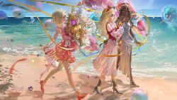  3girls ada_mesmer ada_mesmer_(layla) artist_request ballet_slippers balloon beach blonde_hair bouquet commentary confetti dark-skinned_female dark_skin english_commentary fairy flower high_heels highres holding holding_bouquet identity_v margaretha_zelle margaretha_zelle_(sylphide) multiple_girls official_art orange_flower patricia_dorval patricia_dorval_(blooming_augury) purple_flower red_flower 