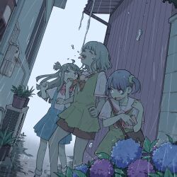  3girls :d ahoge bag blonde_hair blue_flower blue_skirt brown_bag brown_neckerchief brown_shorts building closed_eyes dot_nose dress dress_shirt dutch_angle flower hair_ornament hair_scrunchie hands_up height_difference highres holding_napkin hydrangea kemura_(puripurinea) legs_apart long_hair looking_at_another manaka_non manaka_non_(normal) medium_hair medium_skirt multiple_girls napkin neckerchief one_side_up open_mouth outdoors paprika_private_academy_school_uniform pink_neckerchief plant potted_plant pretty_series pripara purple_flower purple_hair rain sailor_collar school_uniform scrunchie shirt short_dress short_hair short_sleeves shorts shoulder_bag skirt smile standing straight_hair surprised suspender_skirt suspenders sweatdrop taiyo_pepper teeth tongue tongue_out tsukikawa_chili tsukikawa_chili_(normal) two_side_up upper_teeth_only v-shaped_eyebrows violet_eyes wavy_hair wavy_mouth white_sailor_collar white_shirt yellow_dress yellow_scrunchie 