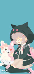  1girl absurdres animal_bag bag brown_hair brown_skirt cat_bag collared_shirt danganronpa_(series) danganronpa_2:_goodbye_despair diaper flipped_hair hair_ornament highres hood jacket long_sleeves medium_hair monomi_(danganronpa) nanami_chiaki neck_ribbon open_clothes open_jacket pink_bag pink_eyes pink_ribbon pleated_skirt ribbon rizu_(rizunm) shirt skirt thigh-highs two-tone_shirt white_shirt 