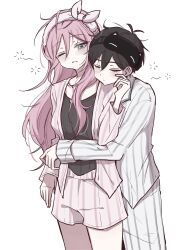  1boy 1girl absurdres alternate_costume antenna_hair aubrey_(faraway)_(omori) aubrey_(omori) blue_eyes cheek_pinching closed_eyes closed_mouth commentary_request double-parted_bangs hair_between_eyes hairband highres hug hug_from_behind long_hair long_sleeves looking_at_another mask mask_on_head omori one_eye_closed pajamas pants parted_lips pinching pink_hair pink_hairband short_hair shorts sidelocks simple_background sleep_mask squeans striped_clothes striped_pajamas striped_pants striped_shorts sunny_(omori) vertical-striped_clothes vertical-striped_pajamas vertical-striped_pants vertical-striped_shorts white_background wktdms1 