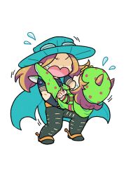  2boys absurdres arm_warmers beanie belt black_arm_warmers black_pants black_shirt blonde_hair blue_cape blue_hat brown_hair cape carrying chibi chibi_only commentary cowboy_hat flying_sweatdrops full_body goggles goggles_on_headwear green_hat green_hoodie green_pants gyro_zeppeli hat highres hood hood_down hoodie horseshoe_hat_ornament horseshoe_ornament johnny_joestar jojo_no_kimyou_na_bouken lifting_person long_hair m_a_a_m_8 male_focus medium_hair multiple_boys no_eyes official_alternate_costume open_mouth orange_belt pants princess_carry shaded_face shirt short_sleeves simple_background spurs steel_ball_run untranslatable_commentary white_background 