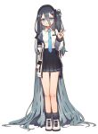  1girl absurdly_long_hair arisu_(blue_archive) bangs black_hair black_hairband black_skirt blue_archive blue_eyes blush bright_pupils collared_shirt full_body hair_between_eyes hairband jacket long_hair long_sleeves looking_at_viewer mountain_han multicolored_clothes multicolored_jacket necktie one_side_up pleated_skirt shirt simple_background skirt smile solo tie_clip v very_long_hair white_background white_pupils white_shirt 