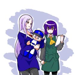  1boy 2girls :t ascot baseball_cap baseball_uniform black_pantyhose blue_hat blue_jacket blue_shoes brown_eyes carrying carrying_person chibi clipboard closed_mouth commentary_request drilljapan fishnet_pantyhose fishnets green_skirt green_vest hat headpat highres hiyori_mio holding holding_clipboard holding_pencil jacket jikkyou_powerful_pro_yakyuu long_hair multicolored_shoes multiple_girls office_lady open_mouth pantyhose pencil power_pro-kun purple_hair red_eyes red_shirt rokudou_hijiri shirt shoes skirt sportswear squeezing suit_jacket two-tone_shoes vest white_shirt white_shoes yellow_ascot 