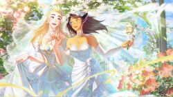  2girls adora_(she-ra) animal_ears blonde_hair blue_eyes blue_sclera bouquet bridal_veil brown_hair cat_ears cat_girl catra colored_sclera detached_sleeves dress fingernails freckles highres holding holding_bouquet holding_hands masters_of_the_universe mismatched_sclera multiple_girls sharp_fingernails she-ra_and_the_princesses_of_power striped_skin veil wedding_dress wife_and_wife yellow_sclera youliqy yuri 
