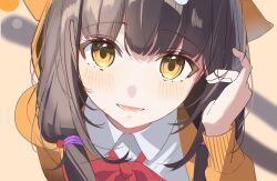 1girl :d absurdres adjusting_hair asakura_karen_(heaven_burns_red) black_hair blue_background blunt_bangs blush bow bowtie chroemaguro collared_shirt commentary_request hand_up heaven_burns_red highres hood hood_up hooded_jacket jacket long_hair long_sleeves looking_at_viewer low_twintails lower_teeth_only open_clothes open_jacket open_mouth orange_jacket red_bow red_bowtie shirt smile solo straight-on teeth twintails unfinished upper_body white_shirt yellow_eyes 