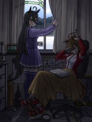  2girls absurdres agnes_tachyon_(umamusume) alarm_clock animal_ears arm_up blanket blush book book_on_lap bookmark brown_coat cabinet chair chalkboard clock closed_eyes closed_mouth coat commentary_request constellation crumpled_paper cup curtains day dirty dirty_clothes file_cabinet graph hand_up highres holding holding_cup horse_ears horse_girl horse_tail kareeda_(deadtree5656) looking_at_another manhattan_cafe_(umamusume) mug multiple_girls office_chair open_book opening_curtains pegasus_(constellation) school_uniform shoes smile snow swivel_chair tail tape teardrop test_tube test_tube_rack thermos thigh-highs tile_floor tiles tracen_school_uniform tracen_training_uniform umamusume waking_up wavy_hair yellow_eyes zettai_ryouiki 