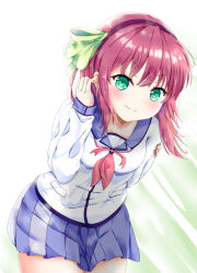  >:) 1girl angel_beats! arm_behind_back blue_sailor_collar blue_skirt blush bow closed_mouth commentary commission dutch_angle floating_hair green_background green_bow green_eyes hair_between_eyes hair_bow hairband hand_up itoyoshi_tsumugi leaning_forward long_sleeves looking_at_viewer medium_hair miniskirt nakamura_yuri neckerchief pink_neckerchief pinky_out pleated_skirt purple_hair purple_hairband sailor_collar sailor_shirt school_uniform serafuku shinda_sekai_sensen_uniform shirt simple_background skirt smile smug solo split_mouth two-tone_background v-shaped_eyebrows white_background white_shirt 