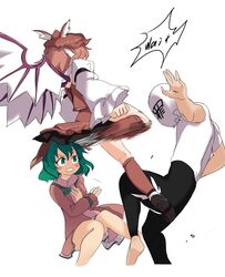  1boy 2girls ameyu_(rapon) animal_ears bird_ears bird_wings black_footwear brown_dress brown_headwear brown_socks dress frilled_sleeves frills green_eyes green_hair hair_between_eyes kasodani_kyouko kicking kneehighs long_sleeves multiple_girls mystia_lorelei open_mouth pink_dress pink_hair shirt shoes short_hair short_sleeves simple_background socks third-party_source touhou tsumibukuro white_background white_shirt white_wings wide_sleeves winged_footwear winged_hat wings 