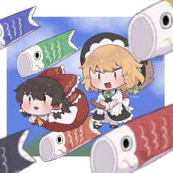 2girls :3 :d apron ascot back_bow black_hat black_skirt black_vest blonde_hair blue_sky bow bowtie braid broom broom_riding brown_eyes brown_hair chibi chibi_only clouds commentary_request day detached_sleeves floating frilled_bow frilled_hair_tubes frilled_skirt frills green_bow green_bowtie hair_bow hair_tubes hakurei_reimu hat hat_bow highres kirisame_marisa koinobori long_hair multiple_girls red_bow red_skirt side_braid single_braid skirt skirt_set sky smile touhou twitter_username uzuki_(amayadori) vest waist_apron white_apron white_bow windsock witch_hat yellow_ascot yellow_eyes 