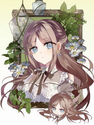  1girl absurdres artist_request bang_dream! bang_dream!_it's_mygo!!!!! black_ribbon blue_eyes border brooch brown_hair chibi chibi_inset chinese_commentary collared_shirt commentary_request commission earrings floral_background flower highres jewelry leaf long_hair looking_at_viewer nagasaki_soyo neck_ribbon ornate_border parted_lips picture_frame plant ribbon second-party_source shirt sidelocks upper_body white_flower white_shirt 