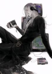  1boy black_lips black_nails black_pants blonde_hair camera clothing_cutout cross-laced_clothes cross-laced_cutout grey_hair hat headphones highres holding holding_camera jojo_no_kimyou_na_bouken leone_abbacchio liejiuyuyan1 long_hair long_sleeves makeup male_focus pants pectoral_cleavage pectorals plunging_neckline purple_hat simple_background sitting solo television vento_aureo violet_eyes white_background 