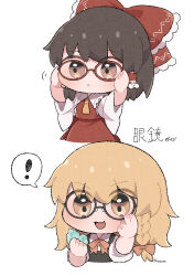  ! 2girls absurdres ascot bespectacled black-framed_eyewear black_vest blonde_hair blush bow braid brown_eyes brown_hair chibi chibi_only closed_mouth commentary_request crystal detached_sleeves frilled_bow frilled_hair_tubes frills glasses hair_bow hair_tubes hakurei_reimu highres kirisame_marisa long_hair missing_headwear multiple_girls open_mouth orange_bow red-framed_eyewear red_bow red_skirt side_braid simple_background single_braid skirt skirt_set smile spoken_exclamation_mark touhou translation_request upper_body uzuki_(amayadori) vest white_background yellow_ascot yellow_eyes 