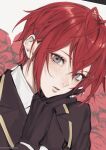  1boy bangs black_gloves black_jacket flower gloves grey_eyes hand_on_own_chin highres jacket kuma_meshigaumai long_sleeves looking_at_viewer male_focus parted_lips portrait red_flower red_rose redhead riddle_rosehearts rose simple_background solo twisted_wonderland 
