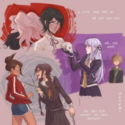  1boy 5girls ahoge artist_name asahina_aoi black_gloves black_hair black_jacket black_ribbon black_serafuku black_shirt black_skirt blonde_hair blue_shorts braid brown_hair closed_mouth collared_shirt commentary danganronpa:_trigger_happy_havoc danganronpa_(series) dark-skinned_female dark_skin english_commentary english_text enoshima_junko freckles fukawa_toko genocider_sho glasses glint gloves green_hoodie green_jacket hair_ornament hair_ribbon hairclip hamlet highres holding holding_scissors holding_skull holding_weapon hood hood_down hoodie ikusaba_mukuro jacket kirigiri_kyoko long_hair long_skirt long_sleeves long_tongue mole mole_under_mouth multiple_girls naegi_makoto nanamis-username neck_ribbon neckerchief necktie open_clothes open_jacket open_mouth orange_necktie pink_background ponytail purple_hair red_jacket red_neckerchief red_ribbon ribbon sailor_collar school_uniform scissors serafuku sharp_teeth shirt short_hair shorts single_braid skirt skirt_set skull source_quote teeth tongue tongue_out twin_braids twintails upper_teeth_only weapon white_sailor_collar white_shirt 