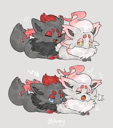 >_< biting blue_eyes bright_pupils chinese_commentary closed_eyes commentary_request fangs half-closed_eyes highres hisuian_zorua lying meme no_humans open_mouth pain pani_5750 pokemon pokemon_(creature) pokemon_focus regional_and_normal simple_background twitter_username white_pupils yellow_eyes zorua 