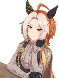  1girl absurdres ahoge animal_ears black_gloves blue_eyes blush breasts chaosdgm3 closed_mouth commentary ear_covers gloves grey_shirt highres horse_ears horse_girl long_hair long_sleeves multicolored_hair orange_hair orfevre_(casual)_(umamusume) orfevre_(umamusume) shirt smile two-tone_hair umamusume white_hair 