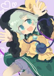  1girl :d absurdres black_hat blush bow buttons collared_shirt commentary_request diamond_button disembodied_linked_eye eyeball fang frilled_shirt_collar frilled_sleeves frills green_eyes green_hair green_skirt hat hat_bow heart heart_of_string highres komeiji_koishi long_sleeves one-hour_drawing_challenge purple_background shirt sketch skin_fang skirt smile solo toroid_(621997) touhou unfinished wide_sleeves yellow_bow yellow_shirt 