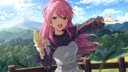  1girl :d blade_of_grass blonde_streaks card_commentary commentary_request day dress earrings food game_asset grey_dress holding holding_food holding_ice_cream holding_ice_cream_cone ice_cream ice_cream_cone idolmaster idolmaster_million_live! idolmaster_million_live!_theater_days jewelry lace lace_sleeves long_hair looking_at_viewer maihama_ayumu mountainous_horizon multicolored_hair necklace official_alternate_costume official_alternate_hairstyle official_art open_mouth outdoors pink_eyes pink_hair railing smile solo standing streaked_hair third-party_source wooden_railing 