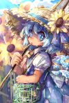  back_bow blue_bow blue_dress blue_eyes blue_hair bow butterfly_net cirno collared_shirt dress field flower flower_field flower_ornament hand_net hat highres ice ice_wings mame_komari neck_ribbon popsicle_in_mouth puffy_short_sleeves puffy_sleeves red_ribbon ribbon shirt short_hair short_sleeves straw_hat sunflower sweat touhou white_bow wings 