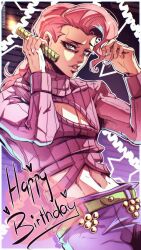  1boy belt border brown_eyes candle cappuris cleavage_cutout clothing_cutout commentary crop_top english_commentary freckles happy_birthday highres holding holding_candle jojo_no_kimyou_na_bouken long_hair long_sleeves male_focus midriff navel open_mouth pants parted_lips pectoral_cleavage pectorals pink_hair pink_sweater purple_pants ribbed_sweater solo sweater vento_aureo vinegar_doppio white_border 