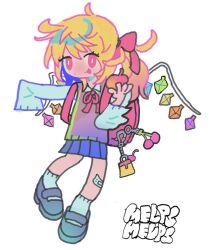  1girl :p alternate_costume apple artist_name bandaid bandaid_on_knee bandaid_on_leg blonde_hair blue_skirt brown_vest charm_(object) cherry crystal_wings deformed flandre_scarlet food fruit hair_ribbon holding holding_food holding_fruit mary_janes melps missing_headwear neck_ribbon pudding red_eyes red_ribbon ribbon school_uniform shoes side_ponytail skirt socks solo tongue tongue_out touhou vest white_background white_socks wings 