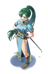  1girl absurdres anime_coloring bare_legs blue_dress boots breasts brown_boots commentary_request curtained_hair dress earrings fingerless_gloves fire_emblem fire_emblem:_the_blazing_blade floating_hair from_above full_body gloves green_eyes green_hair hair_between_eyes hands_on_own_hips high_ponytail highres jewelry knee_boots long_hair lyn_(fire_emblem) marukubi9595 medium_breasts parted_bangs pelvic_curtain ponytail sash short_sleeves side_slit simple_background smile solo standing sword very_long_hair waist_sash weapon white_background yellow_sash 