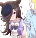  1boy 1girl animal_ears black_hair hair_over_one_eye hat highres hiro_(pqtks113) horse_ears long_hair open_mouth pout rice_shower_(umamusume) school_uniform simple_background sweat sweating_profusely tracen_school_uniform trainer_(umamusume) umamusume violet_eyes white_background 