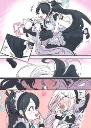  2girls absurdres accidental_kiss after_kiss akataka3 apron aris_(blue_archive) black_bow black_dress black_hair blue_archive blue_eyes bow closed_eyes commentary_request dancing dress hair_bow hand_on_another's_waist heart highres holding_hands kei_(blue_archive) long_hair maid maid_apron maid_headdress multiple_girls open_mouth pink_eyes ponytail saliva saliva_trail smile tripping white_apron white_hair yuri 