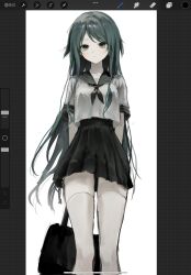  1girl :o arms_behind_back bag black_bag black_neckerchief black_sailor_collar black_skirt crop_top crop_top_overhang dot_nose feet_out_of_frame green_eyes green_hair high-waist_skirt highres holding holding_bag ilung light_blush long_hair long_sidelocks neckerchief parted_bangs pleated_skirt procreate_(medium) sailor_collar saya_(saya_no_uta) saya_no_uta school_bag school_uniform serafuku sidelocks simple_background skirt solo thigh-highs thighs white_background white_serafuku white_thighhighs 