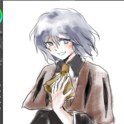  1girl art_program_in_frame ascot black_shirt brown_capelet capelet collared_shirt dot_nose grey_eyes grey_hair hair_between_eyes hand_on_own_chest happy highres len'en light_blush long_sleeves open_mouth otogisum3 procreate_(medium) procreate_(software) shirt shitodo_hoojiro short_hair simple_background smile solo upper_body white_background yellow_ascot 