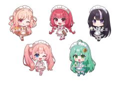  5girls :3 ahoge apron aqua_dress black_dress black_hair blue_eyes blush_stickers character_request chibi chibi_only commentary commission copyright_request dress english_commentary flower frilled_apron frilled_dress frills green_eyes green_hair hair_flower hair_ornament hairclip highres holding holding_teapot holding_tray kiwipodo licking_lips long_hair looking_at_viewer maid maid_headdress multicolored_hair multiple_girls orange_dress pink_dress pink_eyes pink_hair purple_streaks red_hair sample_watermark sidelocks simple_background smile streaked_hair teapot tongue tongue_out tray twintails very_long_hair violet_eyes virtual_youtuber watermark white_apron white_background x_hair_ornament 