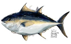  1girl ahoge alterkyon animal animal_ears animal_focus chibi chibi_inset commentary fish highres holding holding_animal holding_fish manhattan_cafe_(umamusume) tuna umamusume untranslatable_commentary white_background 