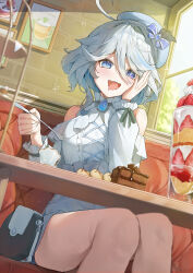  1girl ahoge alternate_costume bag beret blue_eyes blue_gem blue_hair blue_hat cake cake_slice commentary_request detached_sleeves drooling drop-shaped_pupils food fruit furina_(genshin_impact) gem genshin_impact hair_between_eyes hand_on_own_cheek hand_on_own_face handbag hat heterochromia highres holding holding_spoon indoors krux_(k_krux) long_hair mismatched_pupils mouth_drool multicolored_hair open_mouth solo sparkle spoon strawberry streaked_hair symbol-shaped_pupils white_hair 