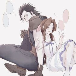  1boy 1girl aerith_gainsborough armor back-to-back bare_legs black_gloves black_hair black_pants blue_eyes blush brown_hair crisis_core:_final_fantasy_vii cross_scar dress drill_hair drill_sidelocks feet_out_of_frame final_fantasy final_fantasy_vii gloves hair_ribbon hand_on_another's_arm hatidoricrisp hetero knees_up long_hair notice_lines pants parted_bangs pink_ribbon ribbon scar scar_on_cheek scar_on_face shoulder_armor sidelocks simple_background sitting sleeveless sleeveless_turtleneck spiky_hair sweater turtleneck turtleneck_sweater twitter_username white_dress zack_fair 