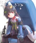 1girl :o ahoge bangs black_gloves black_hair blue_archive blue_serafuku blue_shirt blue_skirt bolt_action commentary_request feet_out_of_frame gloves green_neckerchief gun halo headgear headset highres in_container leaf leaf_on_head long_hair long_sleeves looking_at_viewer miyu_(blue_archive) mosin-nagant neckerchief pantyhose parted_lips pleated_skirt puffy_long_sleeves puffy_sleeves red_eyes rifle riva0412 school_uniform serafuku shirt skirt solo trash_can very_long_hair weapon 