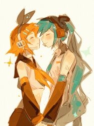  2girls aqua_hair black_sailor_collar black_shorts black_sleeves blonde_hair bow breasts closed_eyes commentary_request detached_sleeves grey_shirt hair_ornament hairclip hatsune_miku headphones holding_hands hosigaotita kagamine_rin long_hair multiple_girls neckerchief number_tattoo parallel_hairclips sailor_collar shirt short_hair shorts simple_background sleeveless sleeveless_shirt small_breasts smile tattoo twintails very_long_hair vocaloid white_background white_bow white_shirt yellow_neckerchief yuri 