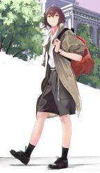  1girl ahoge alternate_costume arknights backpack bag black_shoes black_skirt black_socks brown_hair building coat commentary_request full_body highres kirisame_tarou looking_at_viewer multicolored_hair open_clothes open_coat outdoors plume_(arknights) red_bag shirt shoes short_hair skirt socks solo streaked_hair tree watch watch white_shirt white_streaks yellow_eyes 