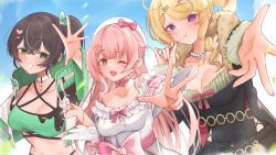  3girls absurdres animal_print beret blonde_hair blush bow bow_choker breasts brown_hair candy chest_bow choker commentary crop_top cropped_jacket cupid dress drill_hair drill_sidelocks english_commentary food green_eyes green_hair grey_hair gyaru hair_bow hair_ornament hat heart heart_hair_ornament heart_hairpin heartsync highres jewelry kumu_cotton locket(heartsync) lollipop looking_at_viewer miki_kokoa mole mole_on_breast multicolored_hair multiple_girls necklace parkiranhonda pearl_necklace pink_bow pink_eyes pink_hair pink_nails side_drill side_ponytail sidelocks siena_olena star_pendant strap streaked_hair two-tone_hair violet_eyes virtual_youtuber waist_bow white_choker white_dress 