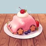  5health absurdres blueberry car_mouth cherry cream food food_focus fruit grey_background highres kirby kirby_(series) kirby_and_the_forgotten_land kirby_cafe mint no_humans plate simple_background sparkle star_(symbol) strawberry table wood wooden_table 