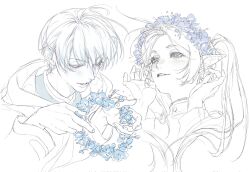  1boy 1girl blue_flower cloak elf flower forget-me-not_(flower) frieren hair_between_eyes hands_in_own_hair head_wreath hetero highres himmel_(sousou_no_frieren) holding_head_wreath light_blush long_hair mole mole_under_eye muted_colors parted_bangs parted_lips pointy_ears sanriyuexiang short_hair sousou_no_frieren twintails upper_body white_background white_cloak 