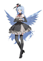  1girl absurdres black_boots black_gloves black_overskirt black_thighhighs blue_archive blue_hair blue_wings blush boots breasts chinese_commentary commentary_request dress elbow_gloves feathered_wings feishi fingerless_gloves full_body garter_straps gloves green_eyes grey_dress hat heart heart_hands highres idol_clothes knee_boots lace-up_boots large_breasts long_hair looking_at_viewer mine_(blue_archive) mine_(idol)_(blue_archive) mini_hat mini_top_hat multicolored_hair pink_streaks pointy_ears simple_background solo standing streaked_hair thigh-highs top_hat very_long_hair white_background wings 