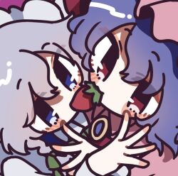  2girls blue_eyes blue_hair commentary_request face-to-face grey_hair hat izayoi_sakuya looking_at_another mob_cap multiple_girls red_eyes remilia_scarlet shigure._(tennensui) touhou white_headdress yuri 