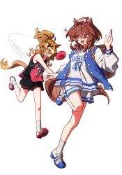  2girls :d agnes_tachyon_(boundless_laboratory)_(umamusume) agnes_tachyon_(umamusume) ahoge alternate_costume animal_ears backpack_basket black_shirt black_skirt block_heels blue_jacket blue_shoes brown_hair brown_tail buttons closed_eyes crossed_bangs doggwa ear_ornament earrings fang full_body hair_between_eyes hair_ornament hairclip hand_up highres horse_ears horse_girl horse_tail horseshoe jacket jewelry jungle_pocket_(umamusume) letterman_jacket light_blush long_sidelocks long_sleeves medium_hair messy_hair multicolored_jacket multicolored_shoes multiple_girls notched_ear open_mouth ponytail red_shirt red_shoes running shirt shoes sidelocks simple_background single_earring skirt sleeveless sleeveless_shirt smile socks tail throwing two-tone_jacket two-tone_shirt two-tone_shoes umamusume white_background white_jacket white_shirt white_shoes white_skirt white_socks 